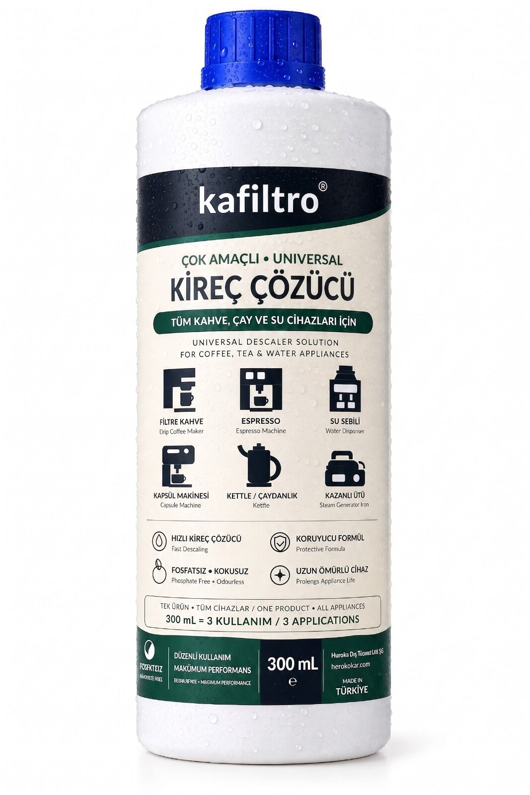 Kafiltro Çok Amaçlı Kireç Çözücü 300 ml - Kahve Makinesi, Çaydanlık, Kettle, Ütü ve Su Sebili İçin Kokusuz Kireç Temizleyici