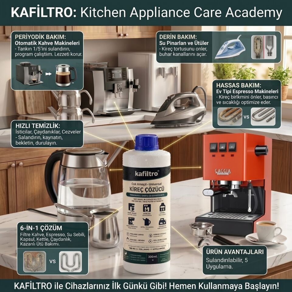 Kafiltro Çok Amaçlı Kireç Çözücü 300 ml - Kahve Makinesi, Çaydanlık, Kettle, Ütü ve Su Sebili İçin Kokusuz Kireç Temizleyici