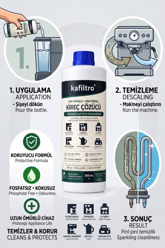 Kafiltro Çok Amaçlı Kireç Çözücü 300 ml - Kahve Makinesi, Çaydanlık, Kettle, Ütü ve Su Sebili İçin Kokusuz Kireç Temizleyici