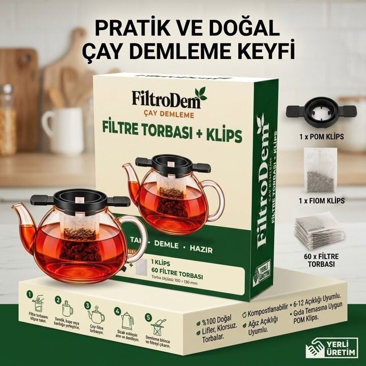 Filtrodem Çay ve Kahve Demleme Filtre Torbası ve Sabitleyici Klips Seti
