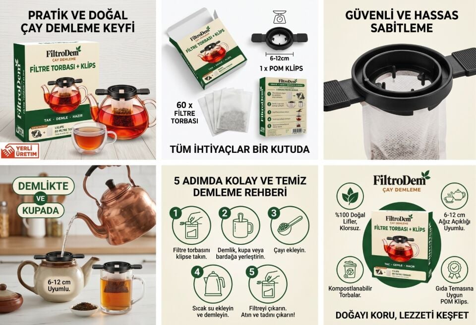 Filtrodem Çay ve Kahve Demleme Filtre Torbası ve Sabitleyici Klips Seti
