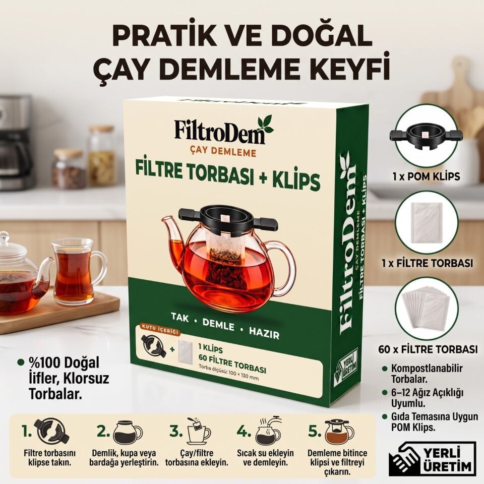 Filtrodem Çay ve Kahve Demleme Filtre Torbası ve Sabitleyici Klips Seti